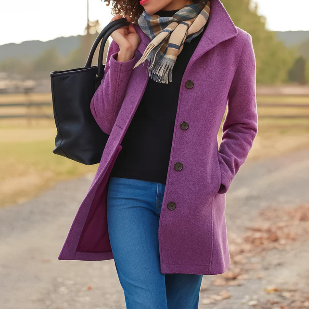 Purple long coat with notch lapels and dark button front, quilted lining visible.
