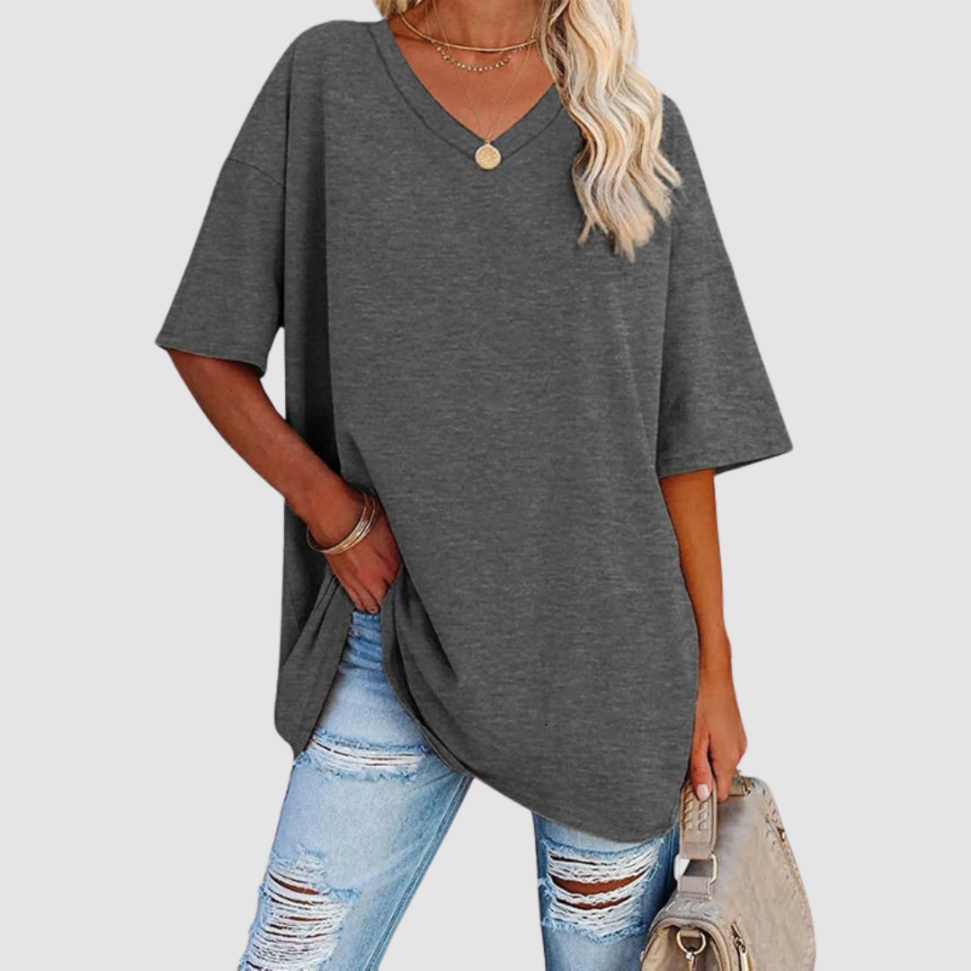 Gray V-neck t-shirt with short sleeves, loose drape and side-tuck detail.