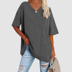 Gray V-neck t-shirt with short sleeves, loose drape and side-tuck detail.