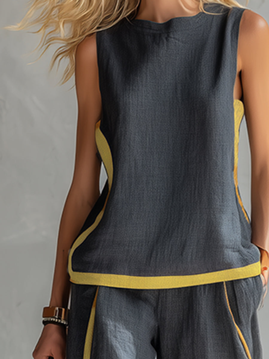 Sleeveless two-piece top, charcoal gray with yellow-trim hem detail
