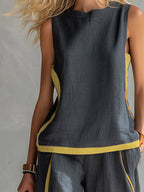 Sleeveless two-piece top, charcoal gray with yellow-trim hem detail