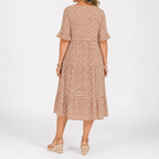 Brown dotted short-sleeve midi dress, scoop back and flared skirt
