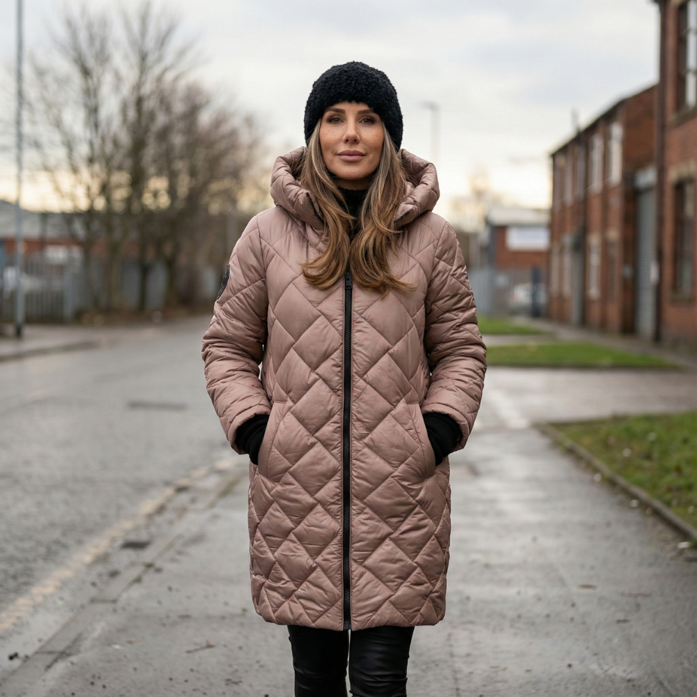 Mauve quilted hooded coat with zip front, long sleeves, side pockets