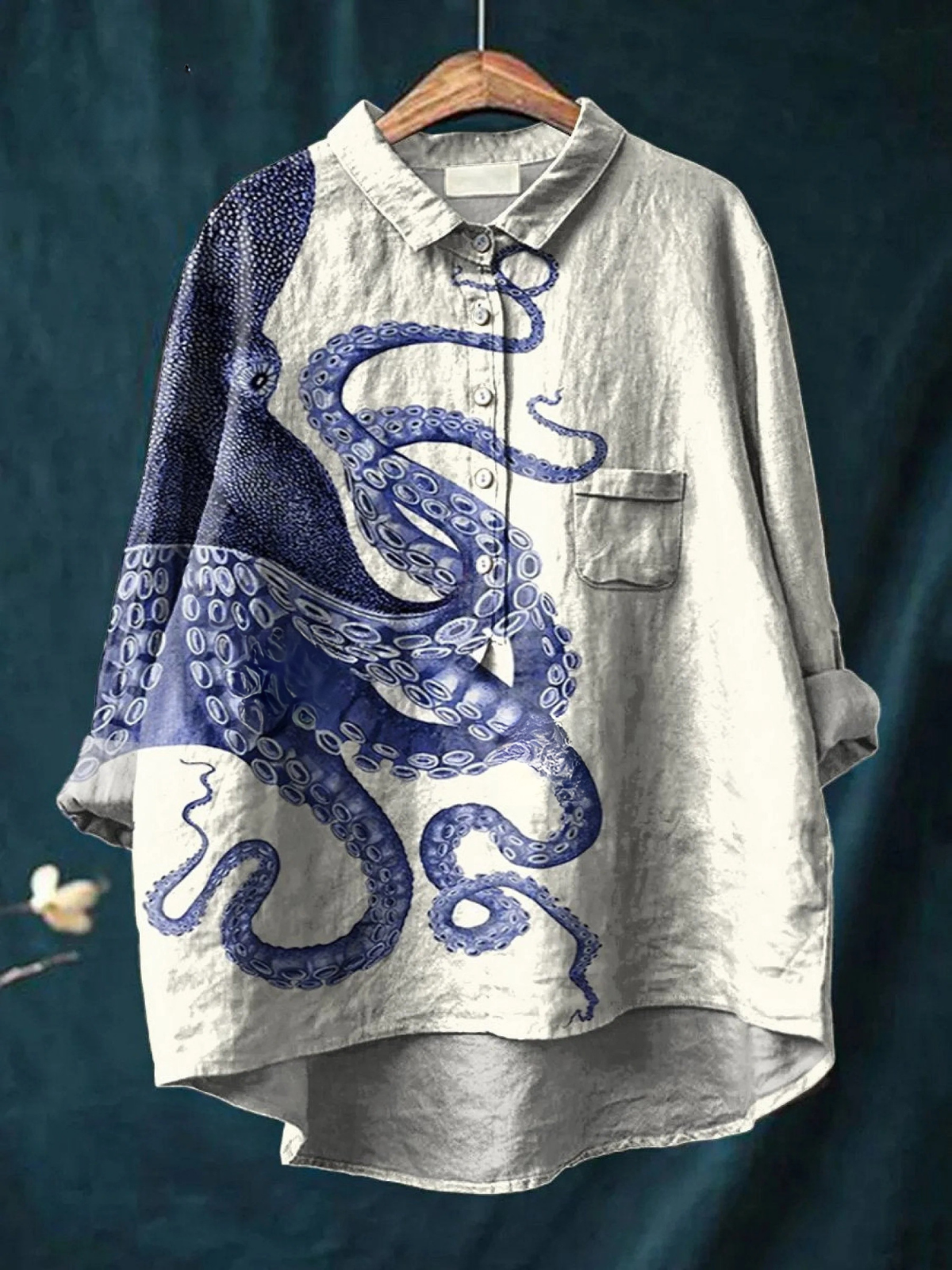 Women’s casual shirt with blue octopus tentacles art print on light gray