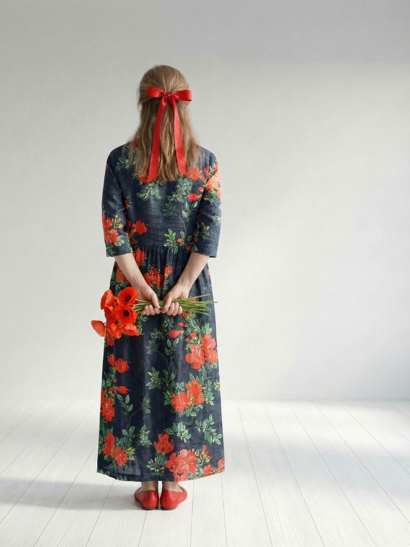 Floral midi dress with orange flower print, gathered waist and 3/4 sleeves