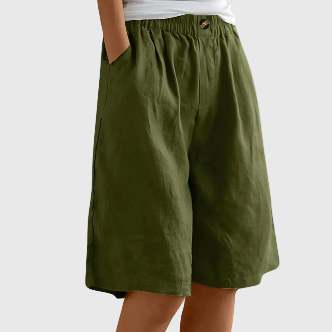 Loose-fit elastic waist shorts in army green with button detail at waistband