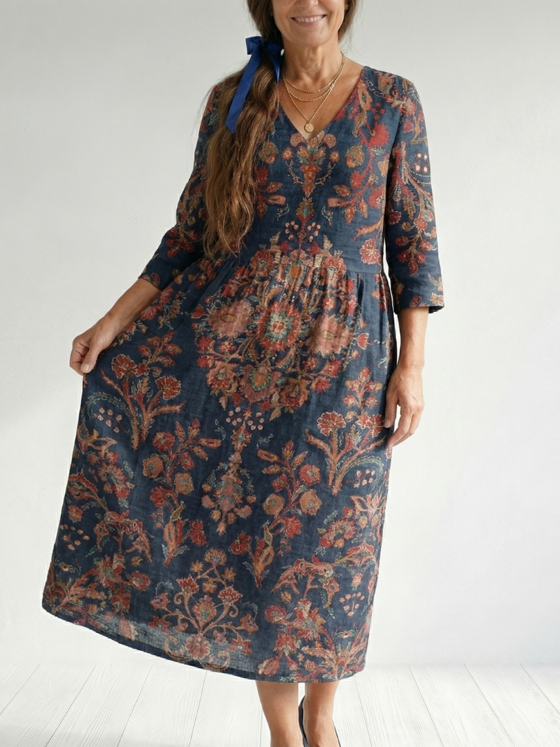 Blue floral midi dress with three-quarter sleeves, round neckline, tiered skirt
