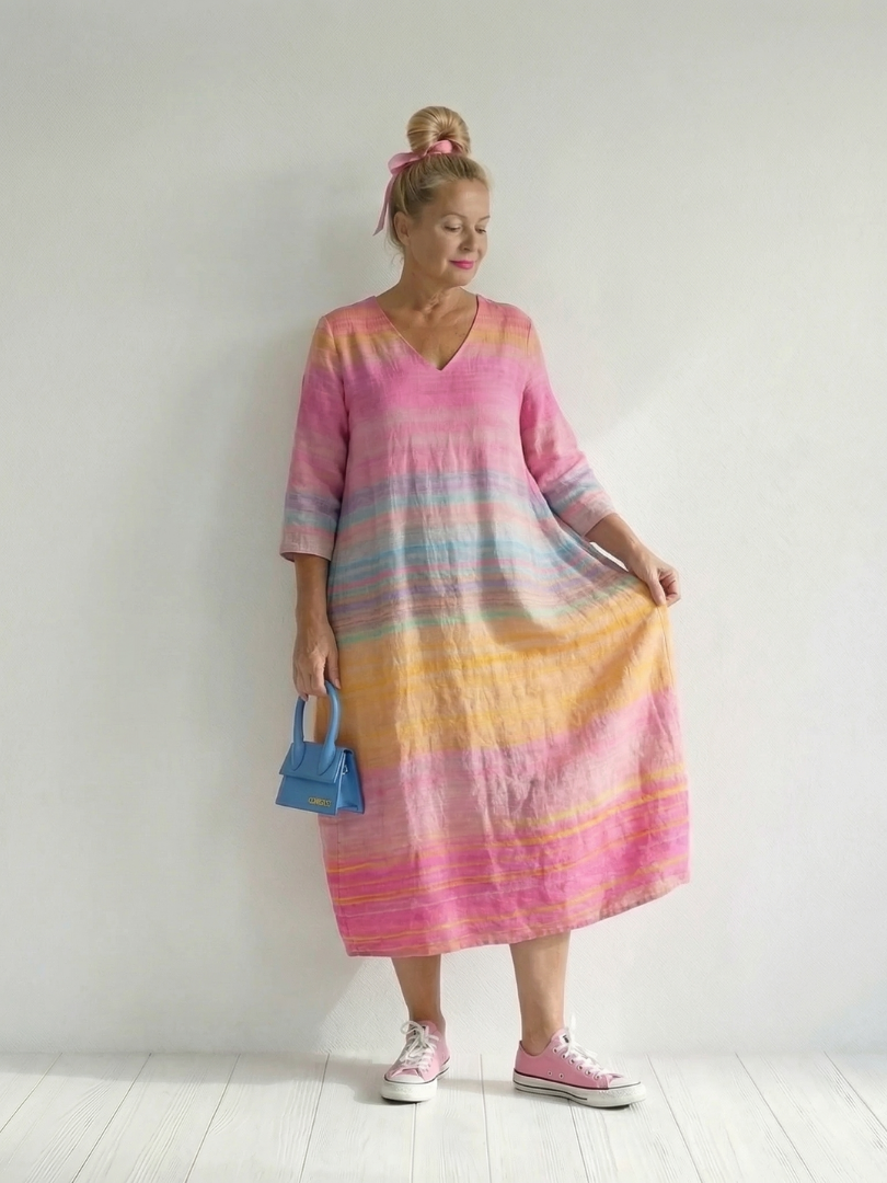 Pink gradient stripe midi dress with V-neck and 3/4 sleeves, flared skirt