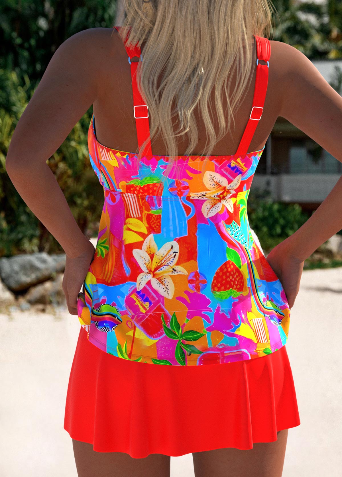 Coral floral tankini swimdress, colorful print back with red adjustable straps and skirt