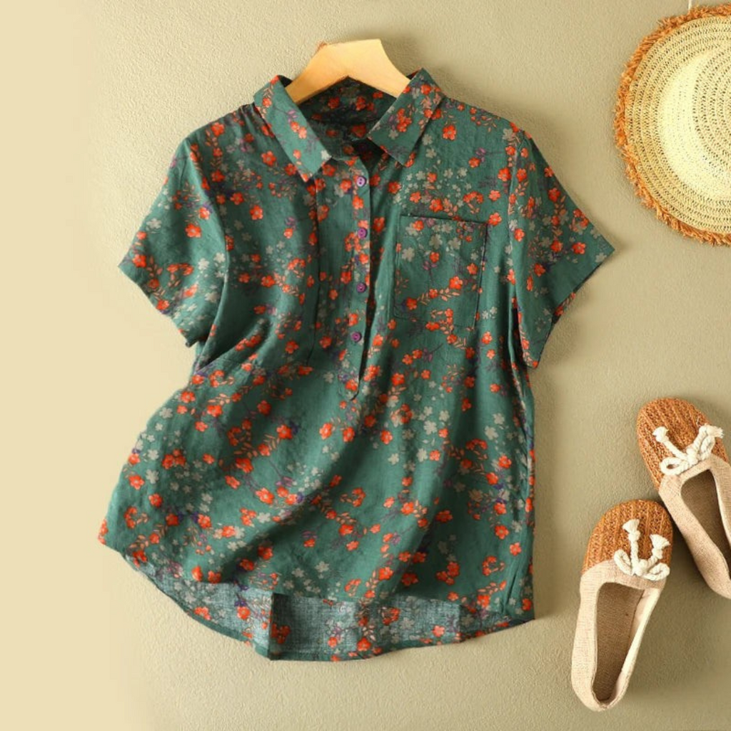 Green short-sleeve vintage floral summer shirt with collar and button placket