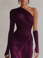 Purple one-shoulder maxi dress with diagonal draped ruching and gathered waist