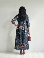 Back view of blue floral midi dress with V-neck and 3/4 sleeves