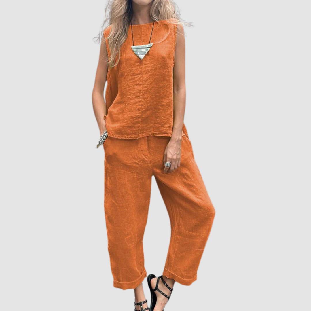 Orange two-piece summer set with sleeveless tank and wide-leg pants