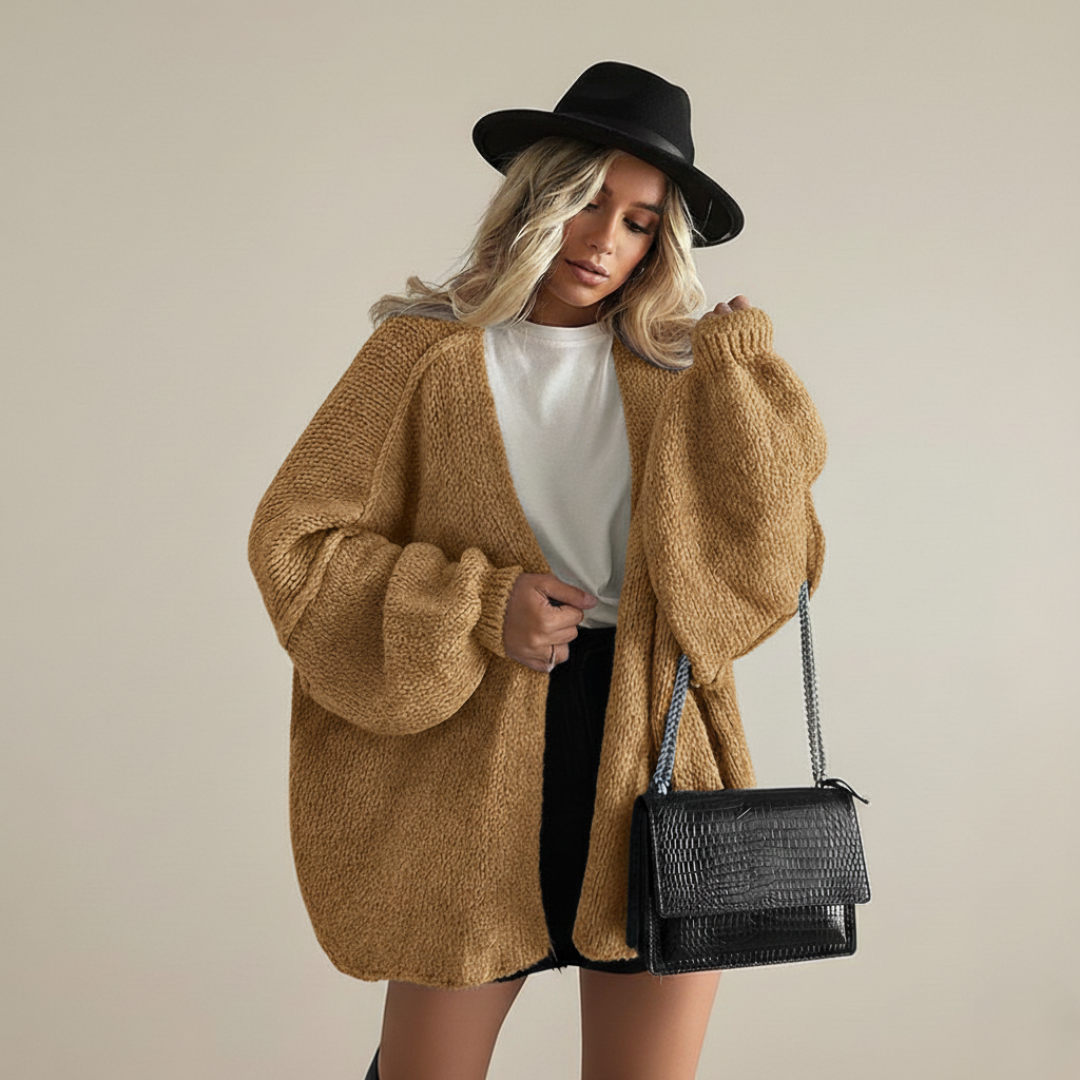 Caramel chunky knit cardigan with oversized sleeves and open front