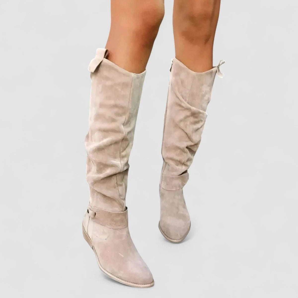 Beige knee-high western boots, pair view with rounded toe and low heel.