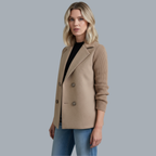 Ribbed blazer coat in tan/brown, side view with long ribbed sleeves and lapels