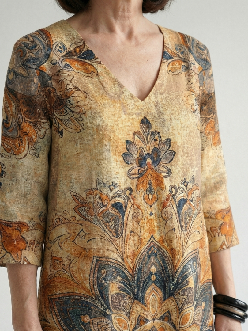 Floral V-neck midi dress with paisley medallion print and elbow-length sleeves
