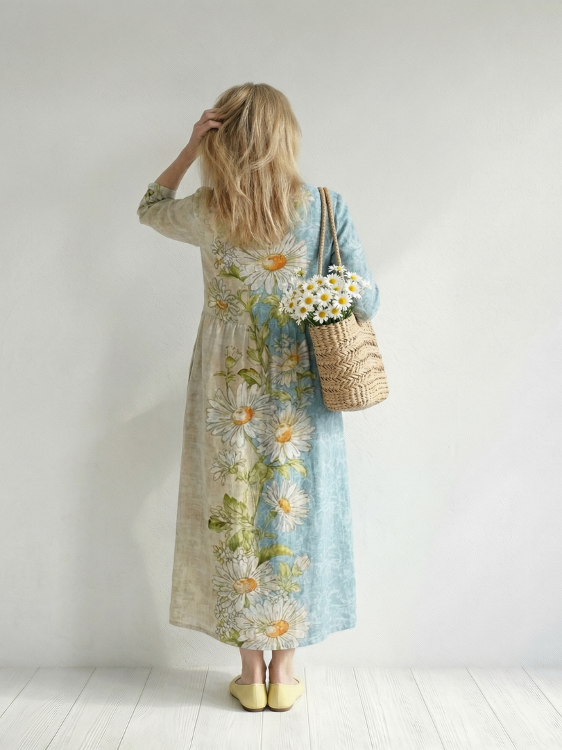 Daisy floral midi dress back view with scoop neckline, light blue and cream panels