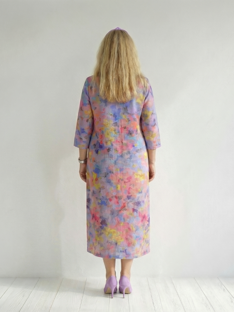 Multicolor abstract floral midi dress with V-neck and 3/4 sleeves, back view
