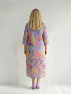 Multicolor abstract floral midi dress with V-neck and 3/4 sleeves, back view
