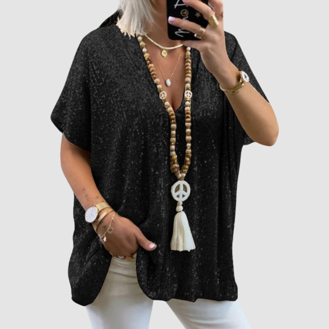 Black sequin V-neck top with short sleeves and relaxed fit