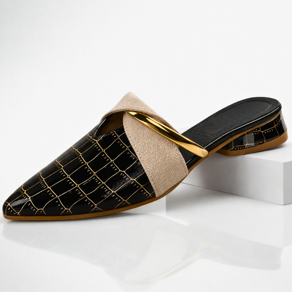 Black gator-pattern slip-on mule with beige fabric strap and gold bar accent