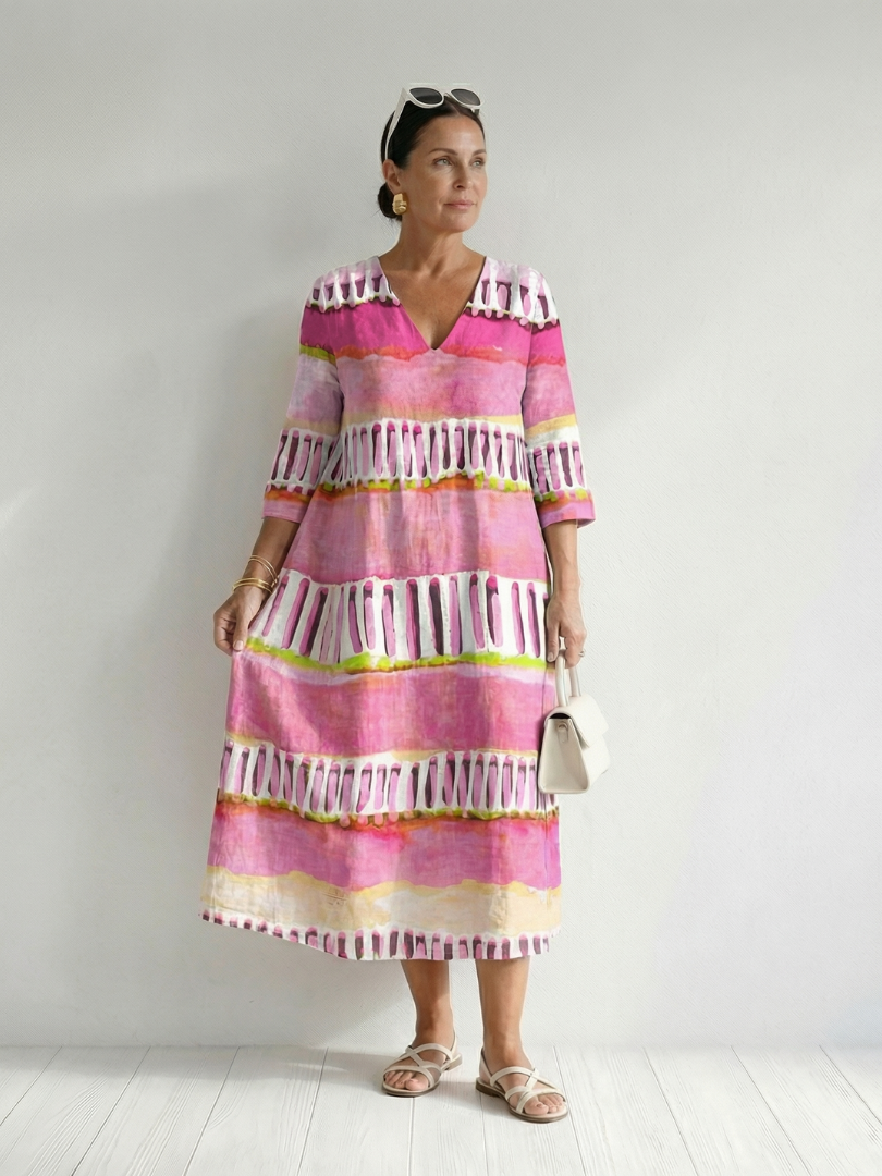 Pink striped midi dress with V-neck, tiered ruffle trim, 3/4 sleeves