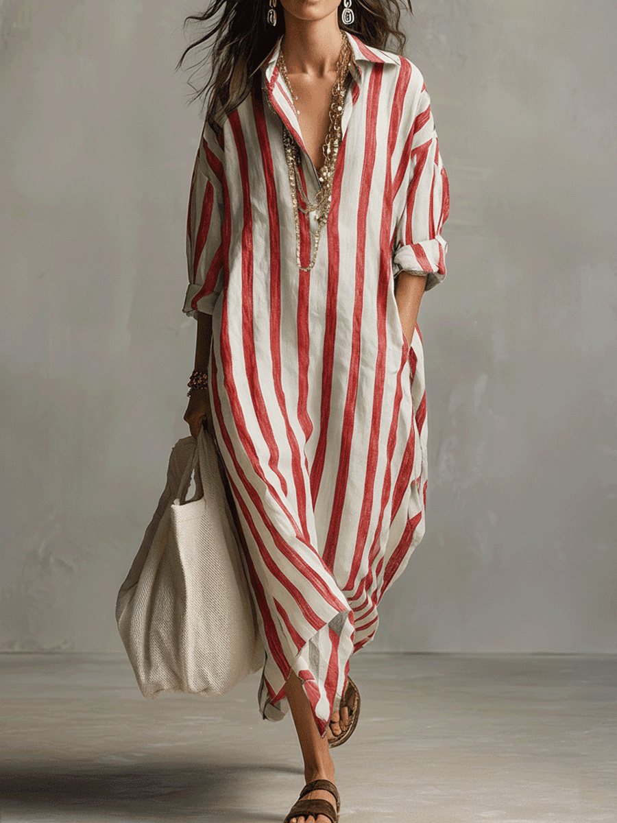 Striped maxi shirt dress in red and off-white, collared V-neck, button-front