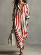 Striped maxi shirt dress in red and off-white, collared V-neck, button-front