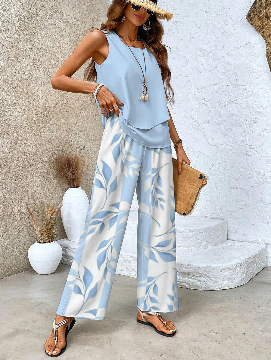 Sky blue floral two-piece set with sleeveless top and flowy wide-leg pants