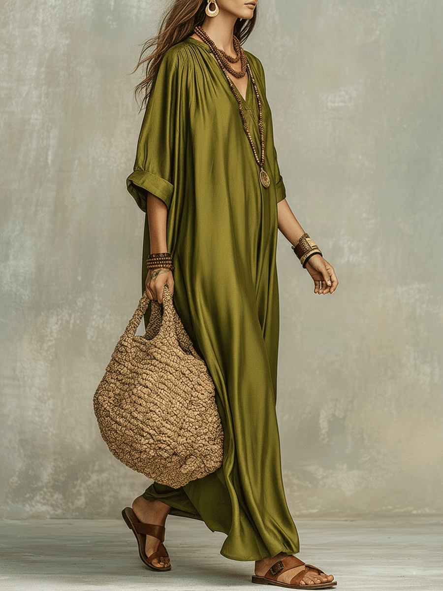 Olive green bohemian maxi dress, side drape with short loose sleeves