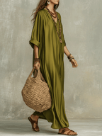 Olive green bohemian maxi dress, side drape with short loose sleeves