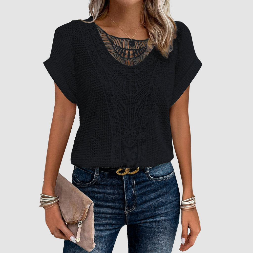 Black lace crochet top with ornate yoke and short batwing sleeves