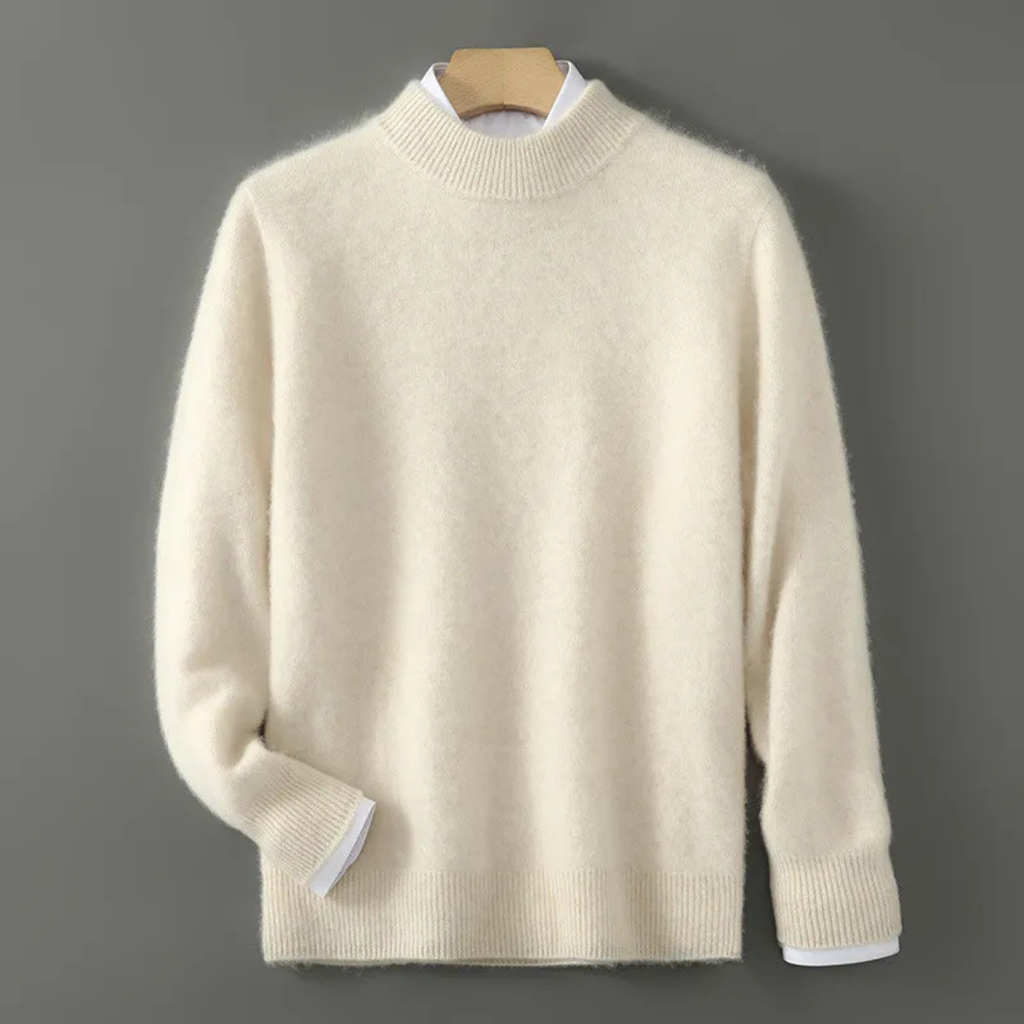 Cream cashmere mock-neck jumper with ribbed cuffs and hem, long sleeves.