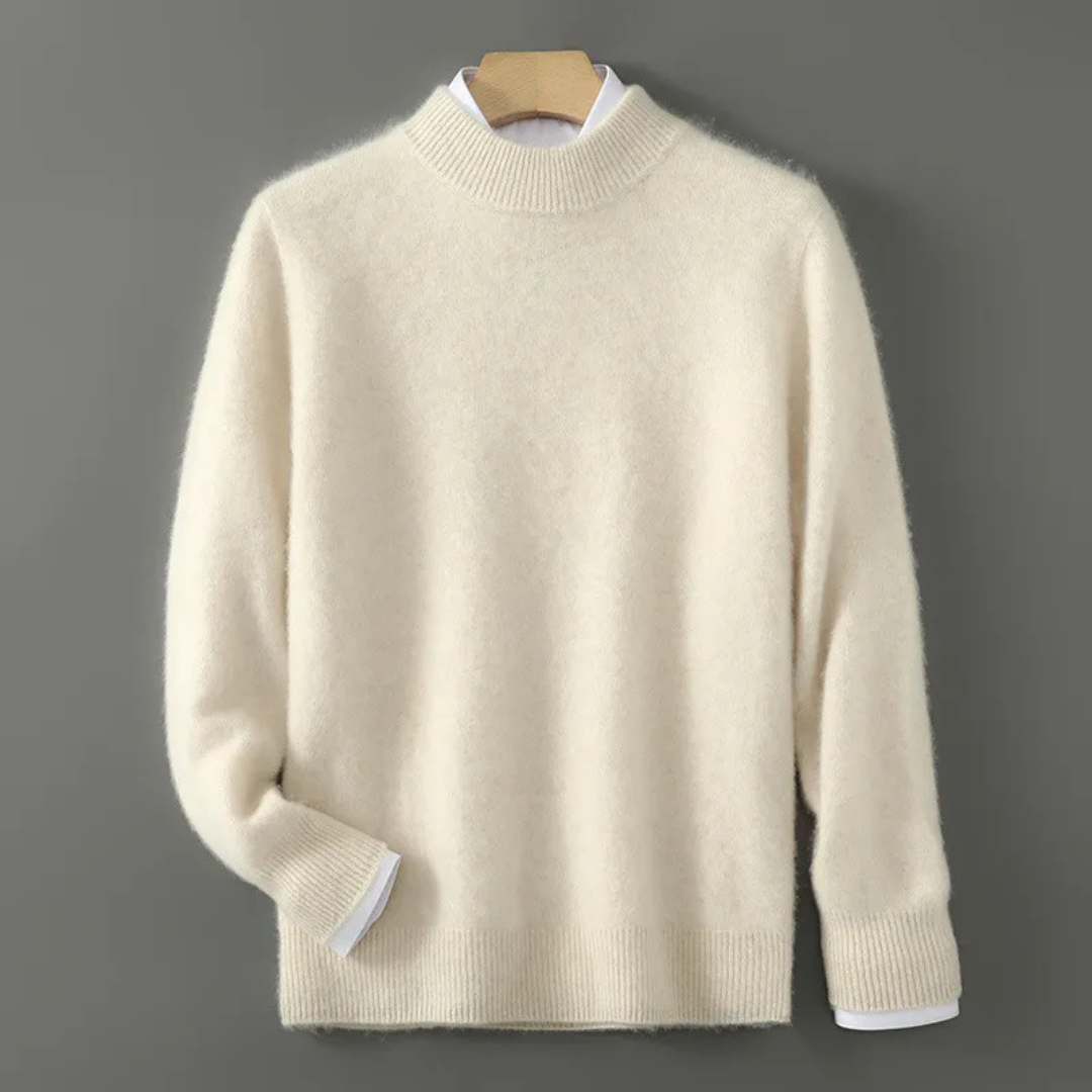 Cream cashmere mock-neck jumper with ribbed cuffs and hem, long sleeves.