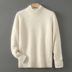 Cream cashmere mock-neck jumper with ribbed cuffs and hem, long sleeves.