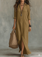 Khaki button-front maxi shirt dress with three-quarter sleeves and side slit