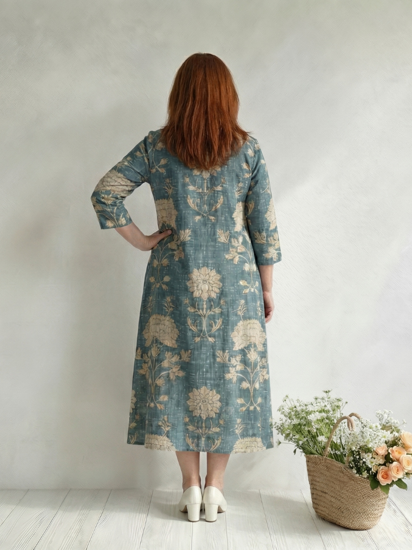 Floral midi dress in teal with gold V-neck and three-quarter sleeves, back view