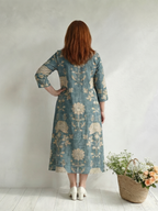 Floral midi dress in teal with gold V-neck and three-quarter sleeves, back view
