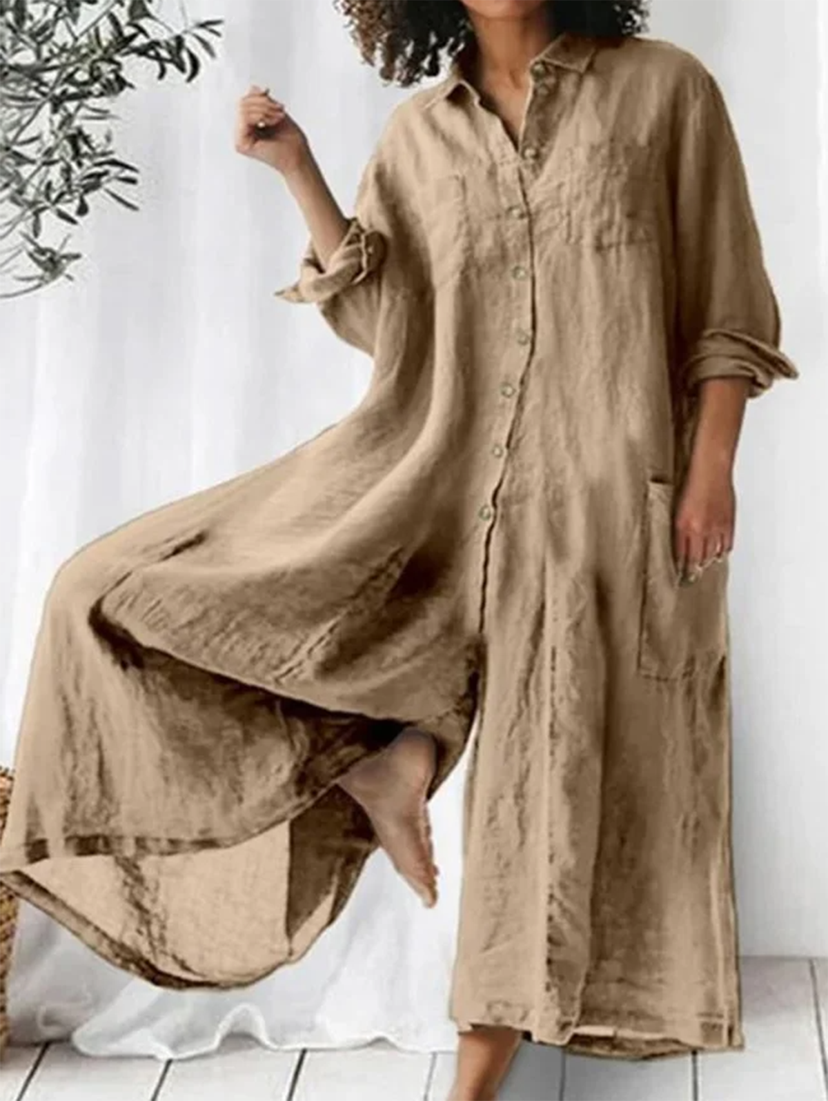 Beige linen-look lapel collar single-breasted wide-leg jumpsuit with button front