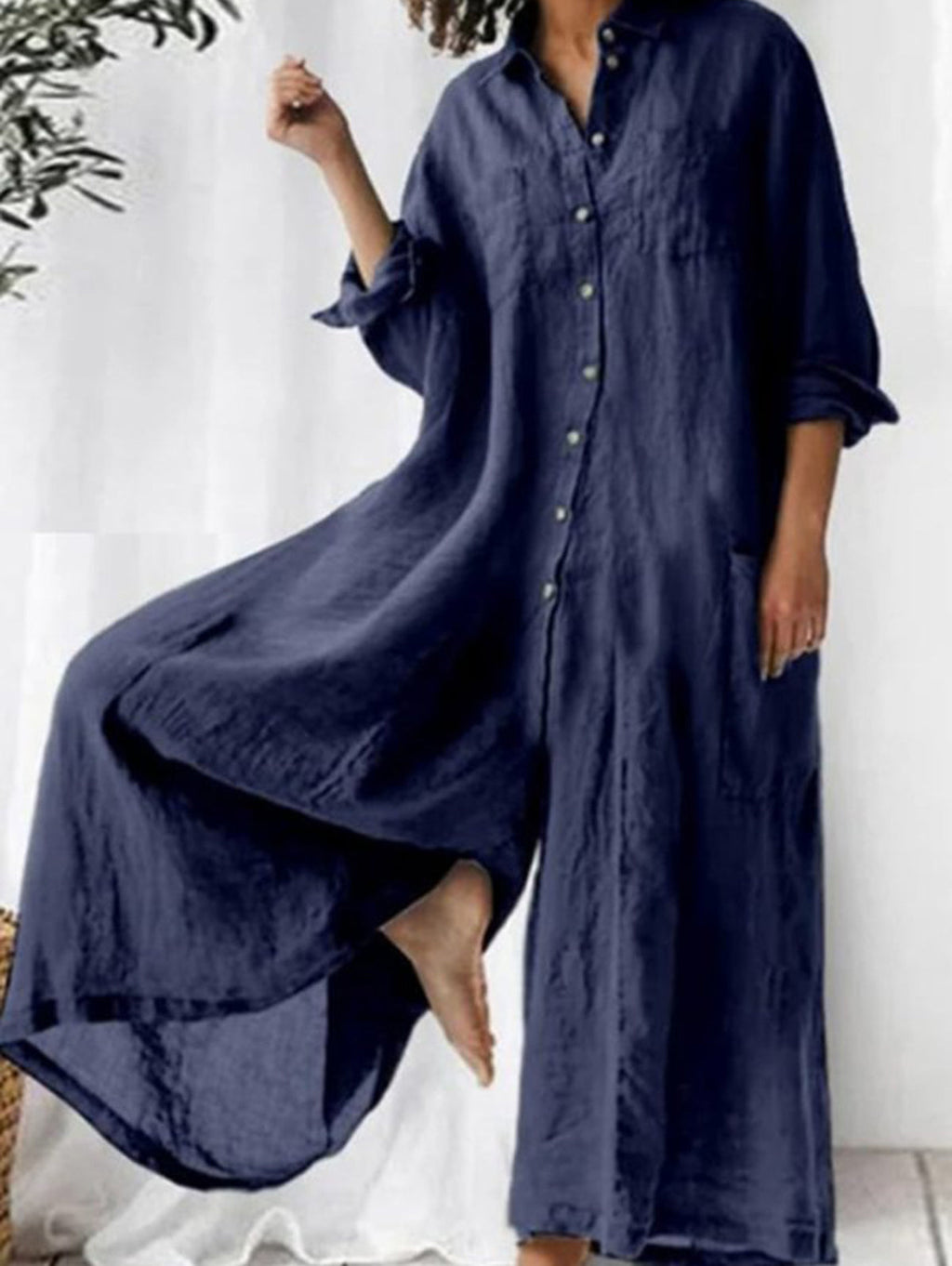 Deep blue linen-look lapel collar single-breasted wide-leg jumpsuit, button front