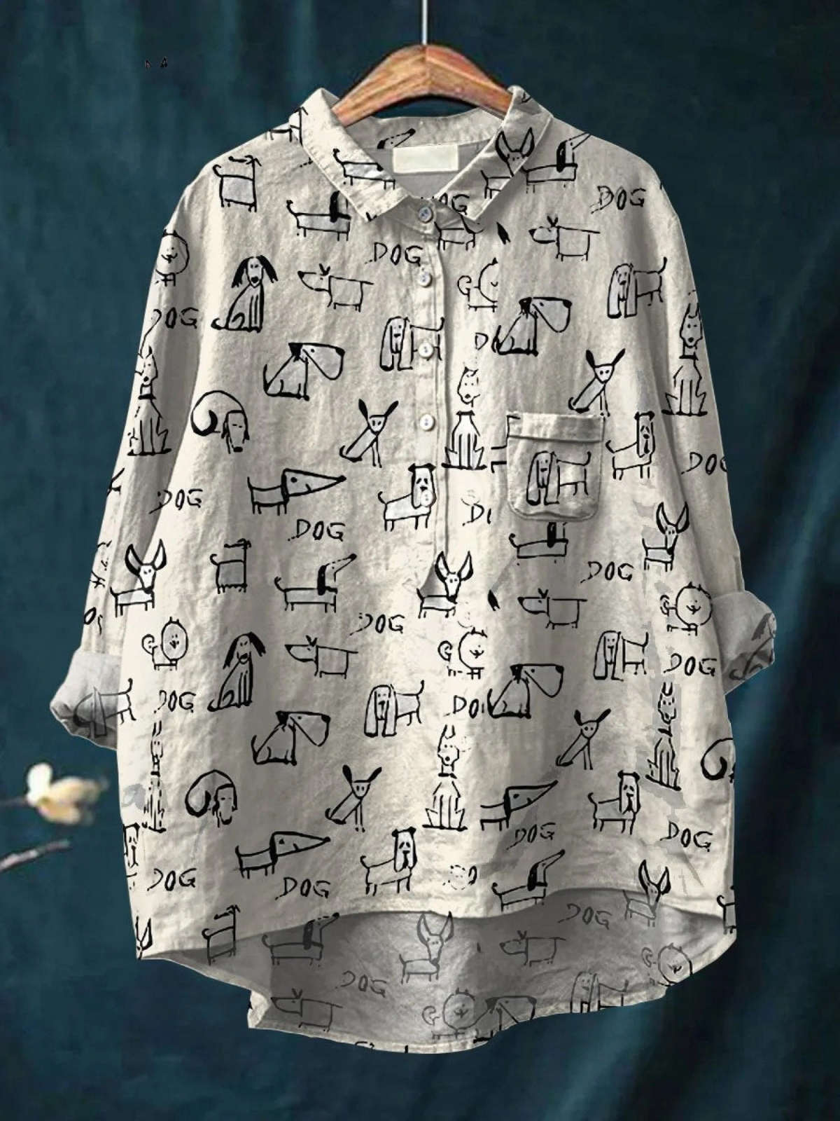 Women's casual button-up shirt with allover dog icon print, light gray