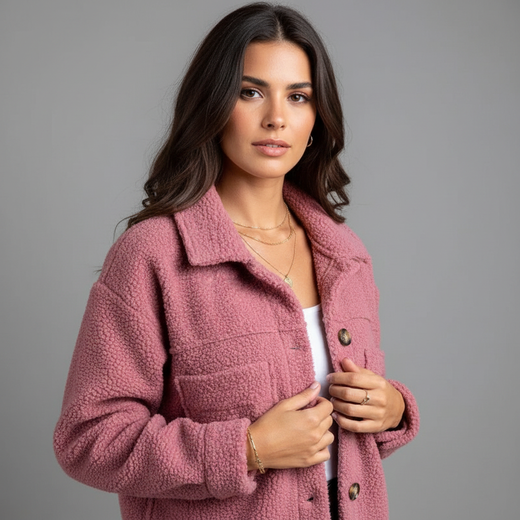Rose pink teddy jacket with point collar and button placket detail