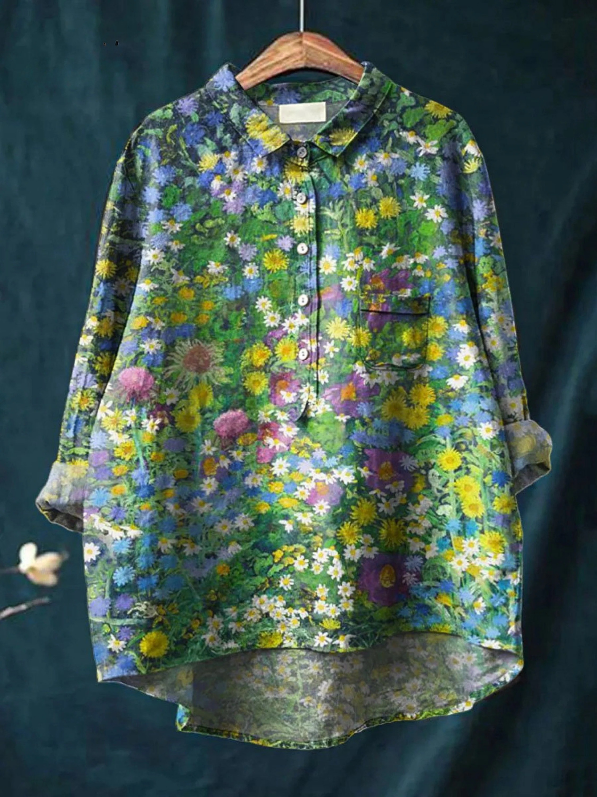 Women’s casual shirt with multicolor vintage floral print, button front, long sleeves