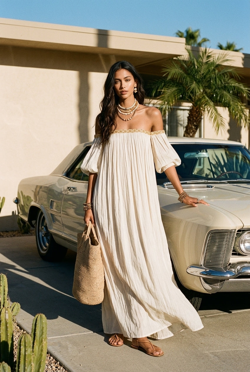 Ivory off-shoulder pleated maxi dress with gathered neckline and elbow-length sleeves