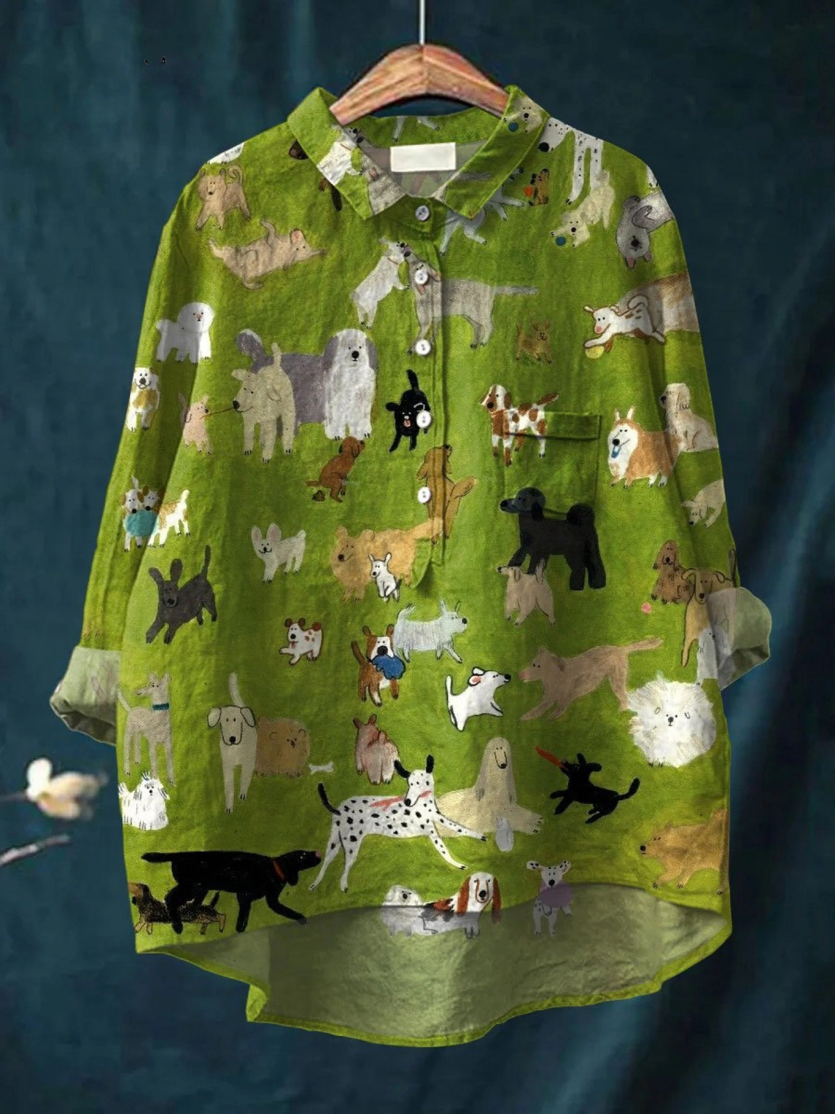 Women's casual dog-print button-up shirt, bright lime green with multicolour dogs