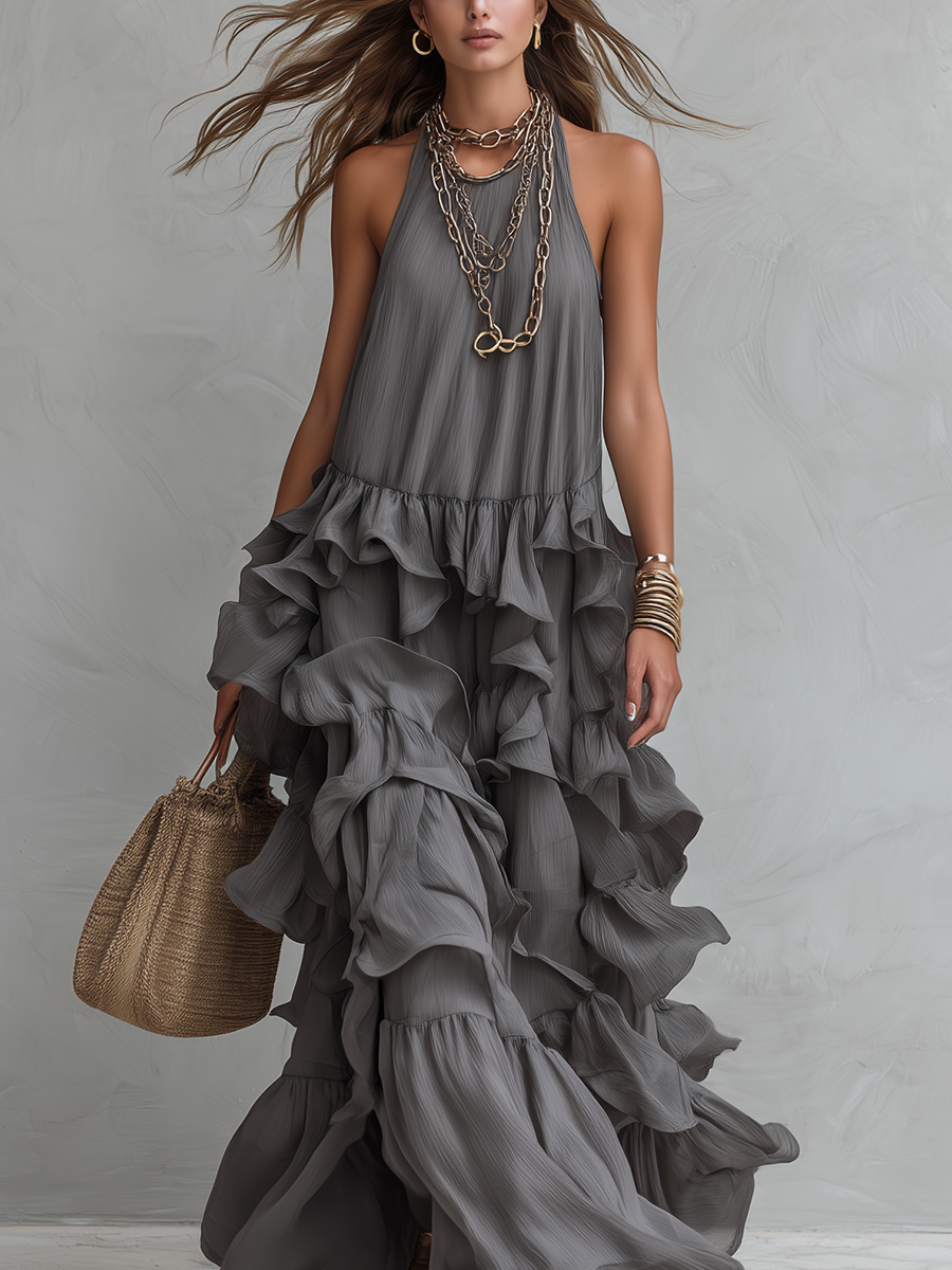 Grey halter long dress with dramatic layered ruffles
