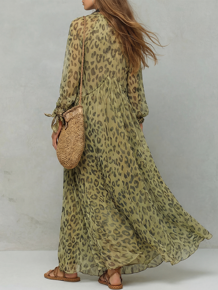 Olive green leopard print chiffon boho dress, back view, long flowing sleeves