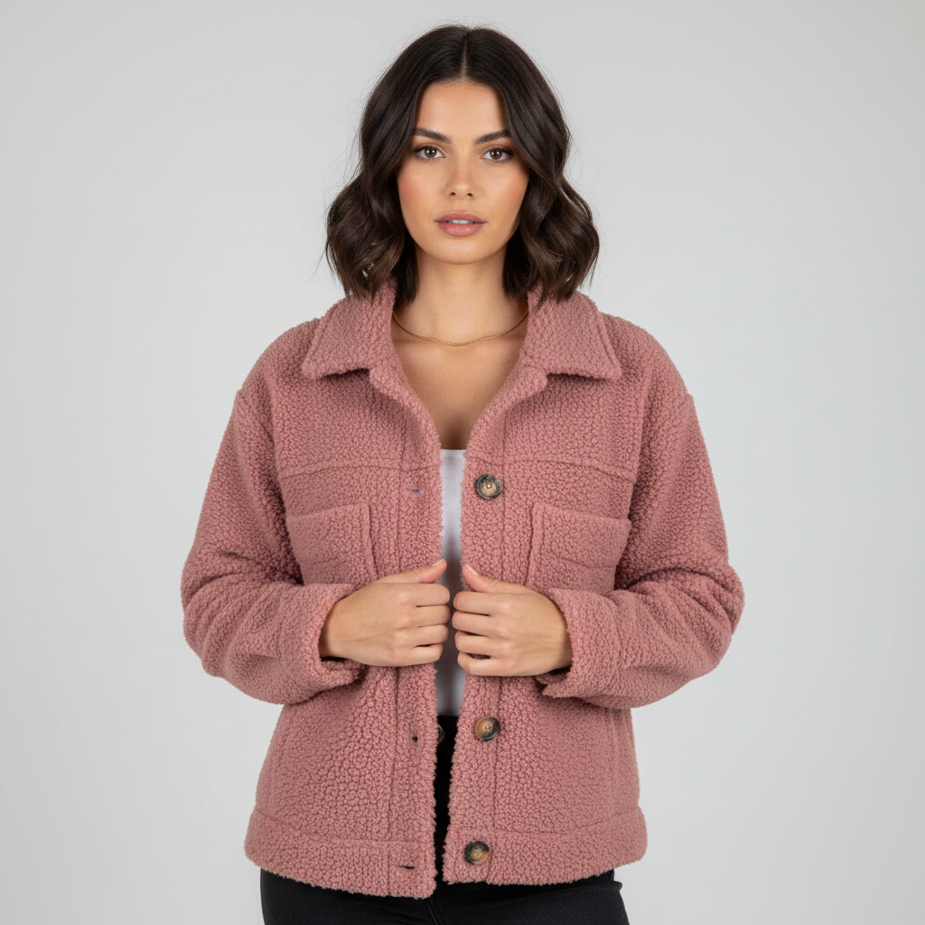 Pink teddy jacket with button front, point collar, and two chest pockets
