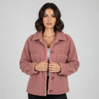 Pink teddy jacket with button front, point collar, and two chest pockets